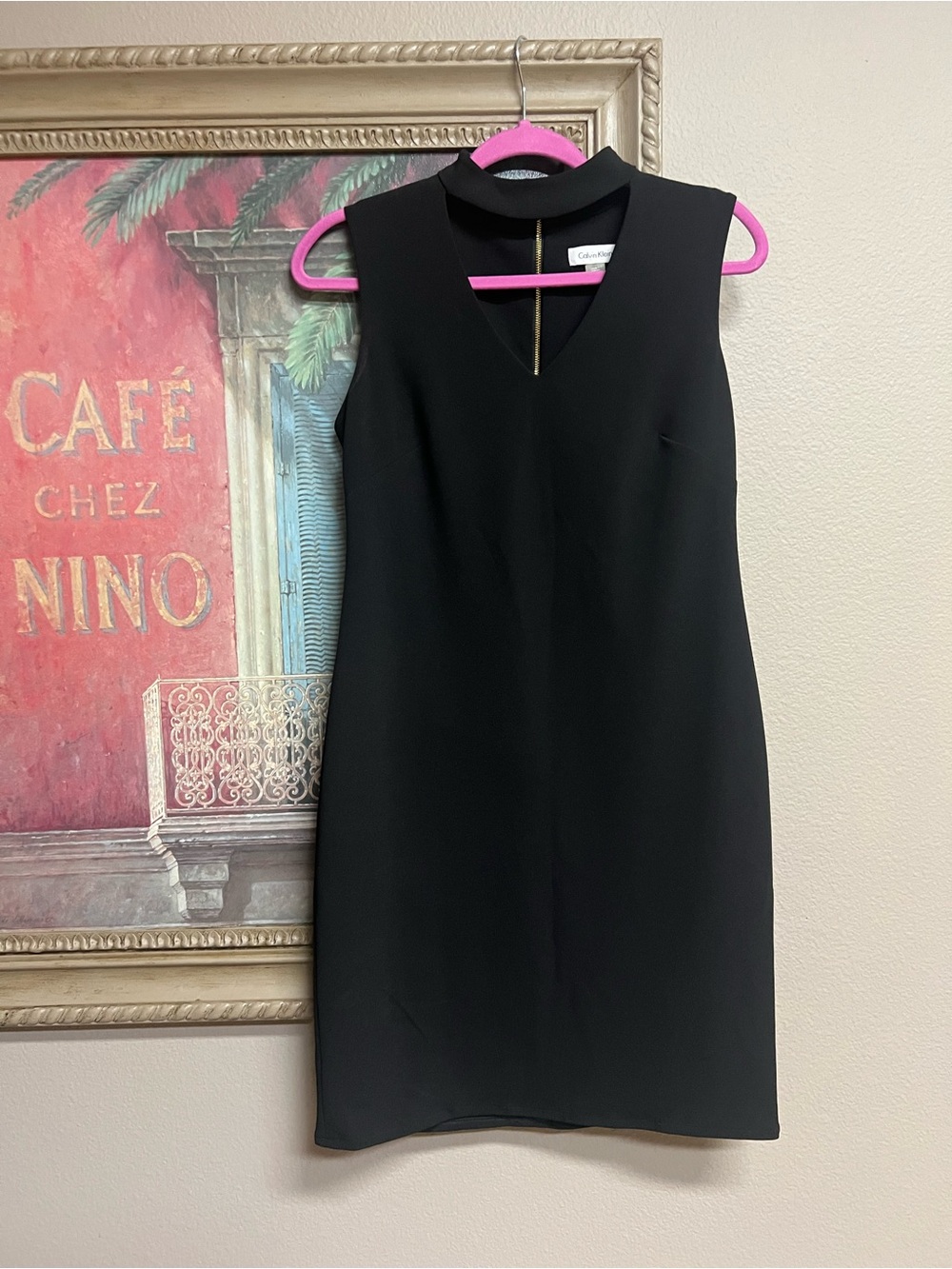 Calvin Klein Black Sleeveless Shift Dress with V-Notch Mock Neck